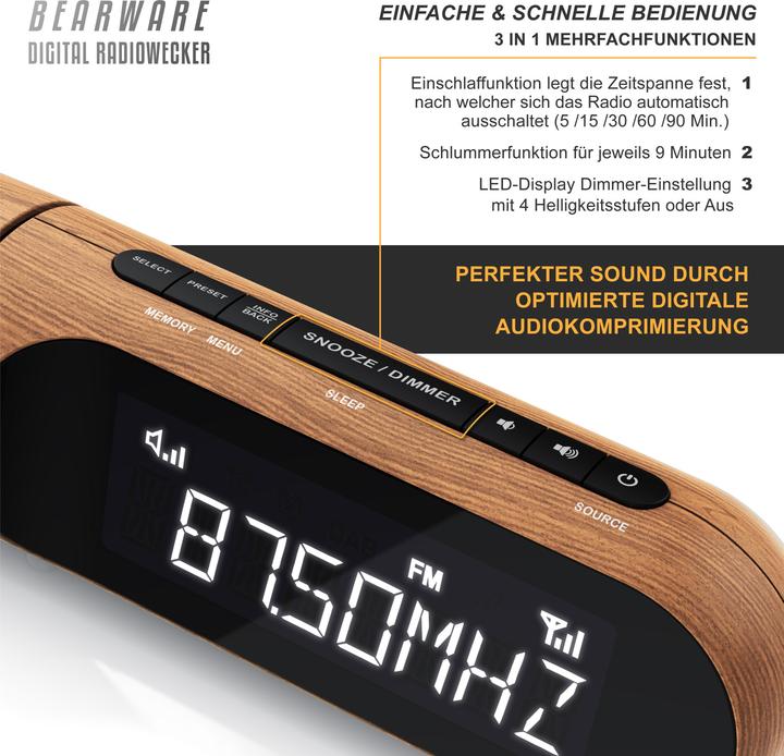 Image du produit Bearware Projektionswecker, Radiowecker DAB Plus, FM & DAB+ Küchenradio digital, Wecker, 4 Helligkeitsstufen