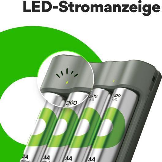 Image du produit GP Batteries En solde Chargeur gratuit" Modèle USB Chargeur GP B441 incl. 4x AA- (4 pcs, AA, 2100 mAh, Piles rechargeables + chargeur)
