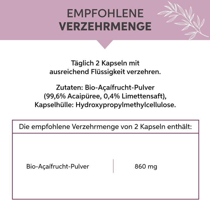 Valori nutrizionali e ingredienti Eltabia Capsule di acai biologiche in qualità di cibo crudo liofilizzato | dose elevata di 860 mg al giorno (100 Pezzo/i, Pillole)
