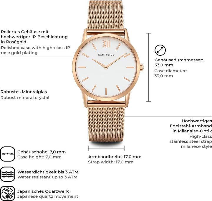 Image du produit Eastside Montre à quartz pour femme Upper Union en acier inoxydable or rose - 9770 (Montre analogique, 33 mm)