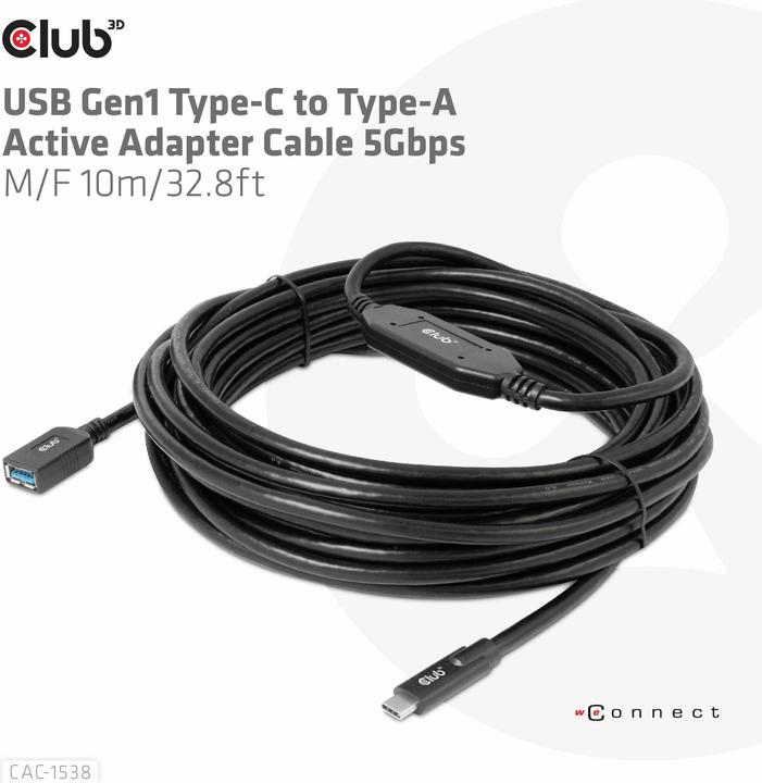 Actual product image Club 3D Club3D Cable USB 3.2 Type C <> USB Type A St/Bu (10 m, USB 3.2 Gen 1)