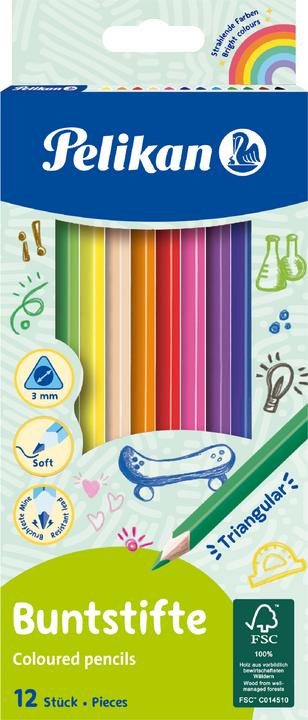 Pelikan Crayons triangulaires fins (Pink, Bleu clair, Lila, Bleu foncé, Vert foncé, Violet, Vert, Marron, Rouge, Noir, Jaune, Orange, 12 x)