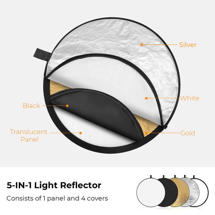 Produktbild K&F Concept 5 in 1 Circular Photography Reflector 56cm Gold Sliver Black White Translucent Panel Five Ligth Effe