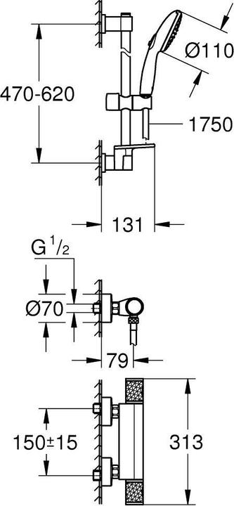 Actual product image Grohe Precision Feel QuickFix Thermostat-Duscharmatur und Vitalio Start 110 Brausestangenset, Länge 600mm