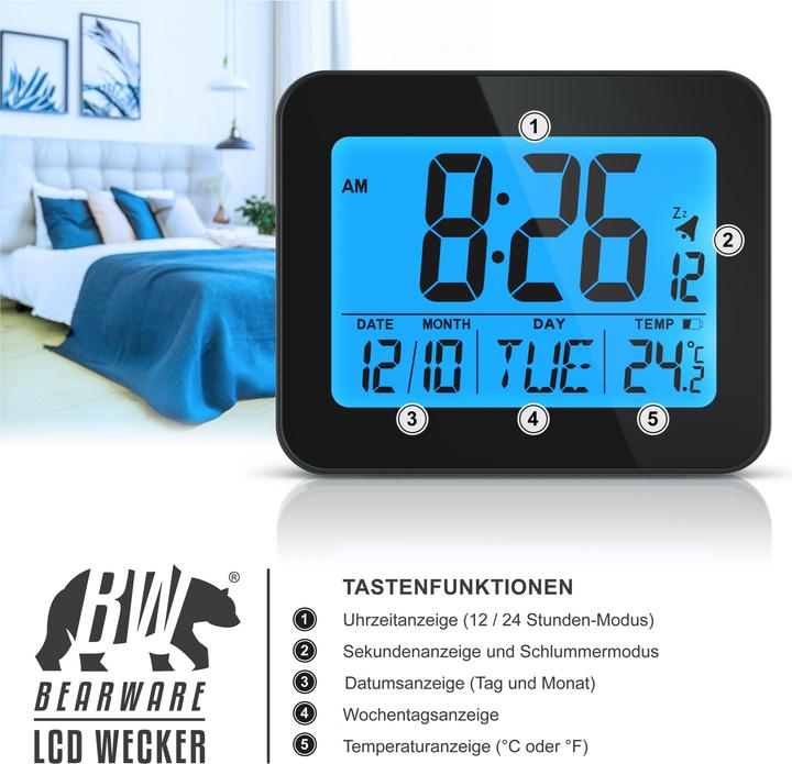Produktbild Bearware Wecker digital, Reisewecker kompakt mit Temperaturanzeige Schlummerfunktion, Messung Temperatur