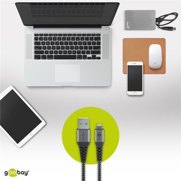 Actual product image Goobay Lightning to USB-A textile cable with metal plugs (space gray/silver) 1 m, 1 m, Black-Grey (1 m, USB 2.0)