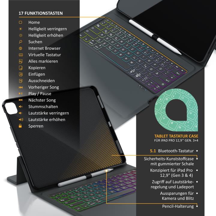 Actual product image Aplic Bluetooth tablet keyboard for iPad Pro 12.9 inch Gen 3 + 4, 500 mAh battery, keyboard with case (DE)