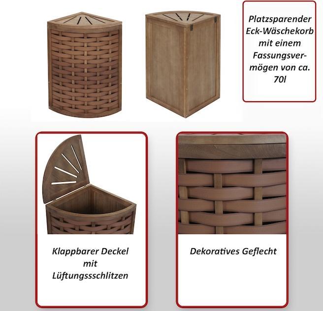 Produktbild Swisshandel24 Eck-Wäschekorb HWC-H87, Wäschebox Wäschesammler Wäschebehälter Wäschesortierer, Holz 70L 66x53x38cm (70 l)