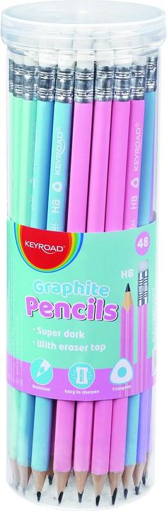 Keyroad Crayon en bois avec gomme, hb, triangulaire, pastel, 48 pièces, en tube (48 x)