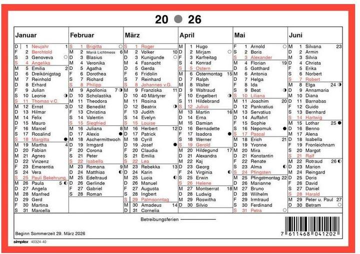 Actual product image Simplex Kalender mit Namenstagen A5 Querformat, 2026 (A5, German)