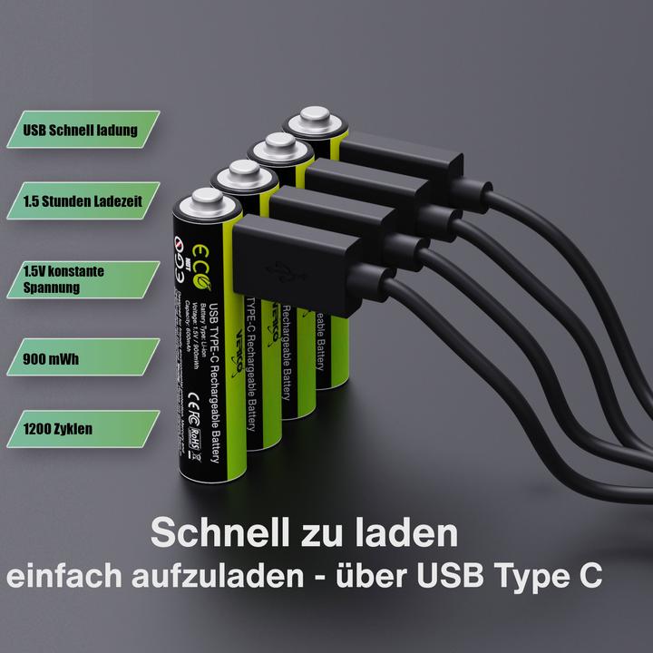 Actual product image Verico Li-Ion USB-C Micro AAA Battery 1.5V 900mWh 600mAh chargeable via USB (4 pcs., AAA, 600 mAh)