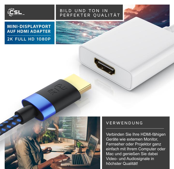 Produktbild CSL Mini DisplayPort zu HDMI Typ A Audio- & Video-Adapter, Full HD MiniDP Adapter / Konverterkabel (HDMI, Mini DP, 15 cm)
