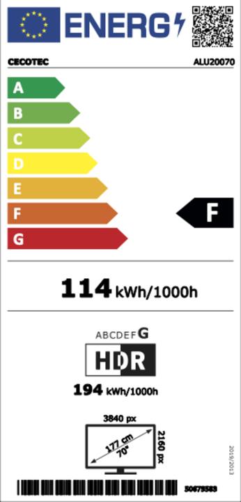 Energy Label Cecotec TELEVISOR LED A2 SERIES ALU20070 SMART TV 70" V (70", LCD, 4K)