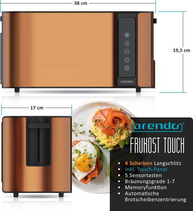 Immagine prodotto Arendo Toaster Edelstahl 4-Scheiben Langschlitz, Display mit Restzeitanzeige, Touchpanel, Brötchenaufsatz