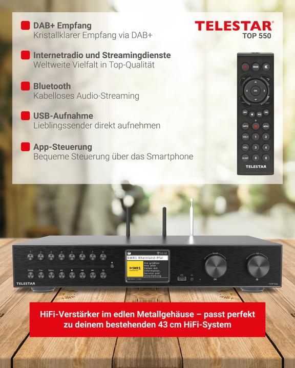 Produktbild Telestar TOP 550 sw All-In-One-System 43cm,Verstärker,CD,Internet/DAB+/UKW,BT (CD Player, Bluetooth Empfänger)