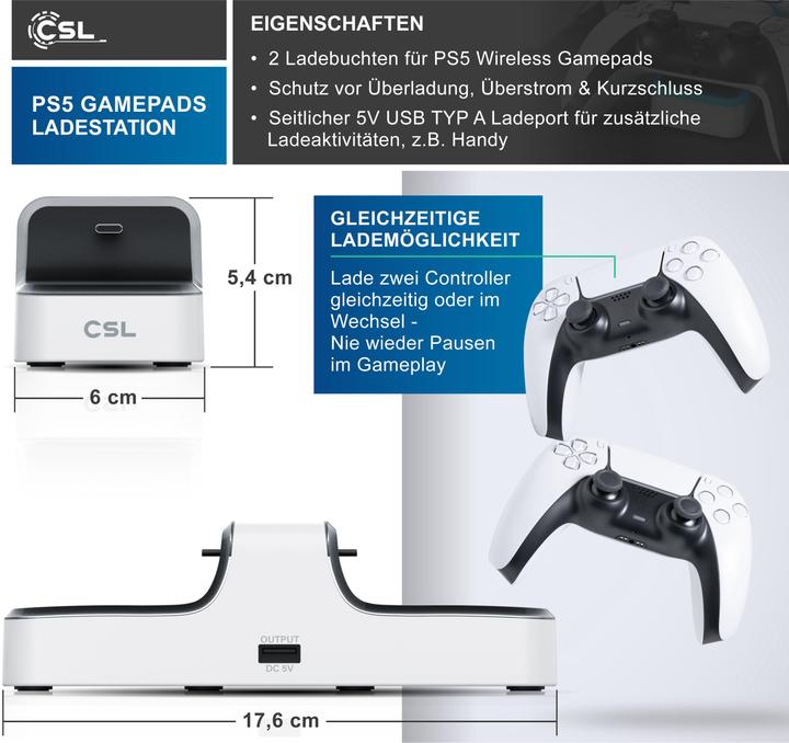 Image du produit CSL Station de charge pour manette PS5, Twin Charge, chargeur de manette de jeu, sans fil, câble de (PS5)
