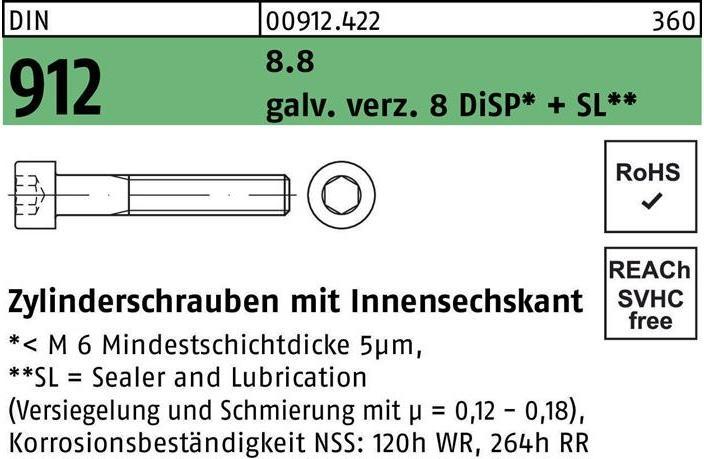 Produktbild Reyher Zylinderschraube DIN 912 m.Innensechskant M 3 x 8 8.8 gal Zn DiSP + SL (500 Schrauben pro Stück)