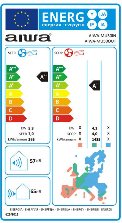 Label énergétique Aiwa Musukari MU50OUT (35 m², 5000 BTU/h)
