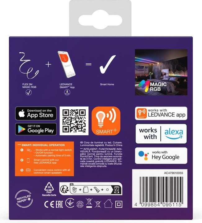 Actual product image Ledvance Smart LED light strip WiFi "MAGIC FLEX", 3m + remote control, RGB (Multicoloured, 300 cm, Indoor)