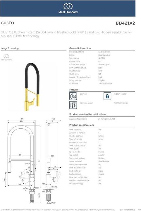 Produktbild Ideal Standard Gusto Ausladung 225mm Semi-Pro 2F-Brause H:604mm