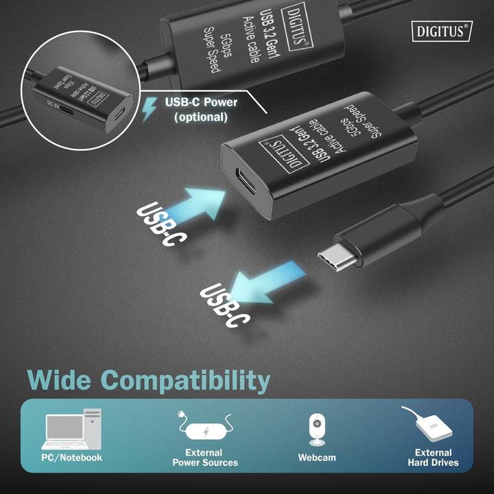 Immagine prodotto Digitus Cavo di prolunga attivo USB 3.2 Gen1 5G, USB-C - USB-C, 10 m (10 m, USB 3.2 Gen 1)