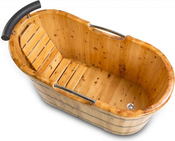 Produktbild PureHaven freistehende Holzbadewanne 135x67 cm aus Zedernholz 120 L ergonomische Formgebung pflegele (120 l, 67 cm, 135 cm)