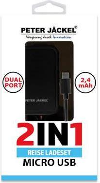 Actual product image Peter Jäckel USB Travel Charger Set 2in1 Dual Port 2.4A Micro-USB Black