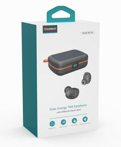 Actual product image Choetech TWS Bluetooth Headphones SOLAR incl. 2500mAh Powerbank -Black (8 h, Wireless)