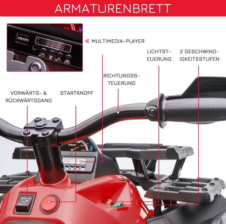Immagine prodotto Swisshandel24 Auto elettrica per bambini quad, fari, lettore musicale MP3, 3-5 anni, 3-8 km/h, metallo, rosso, 10 (12 V)