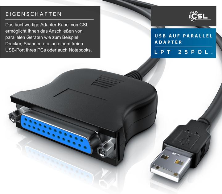 Produktbild CSL USB A auf Parallel Adapter LPT 25pol. - D-SUB DE 25 zu USB Typ A, 90 cm, Druckerkabel, Adapterkabel (1 m, Parallel (Drucker))
