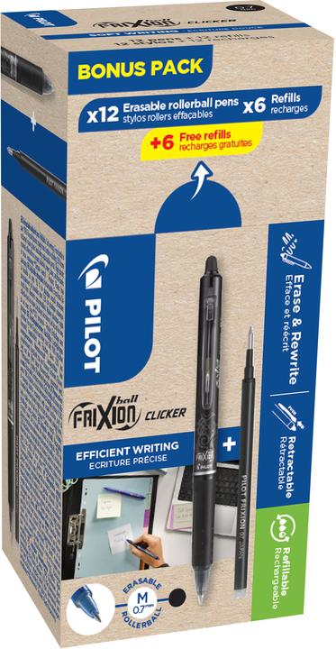 Produktbild Pilot FriXion Clicker 0.7 Bonuspack 12 Stifte + 12 Refills (Schwarz, 12 x)