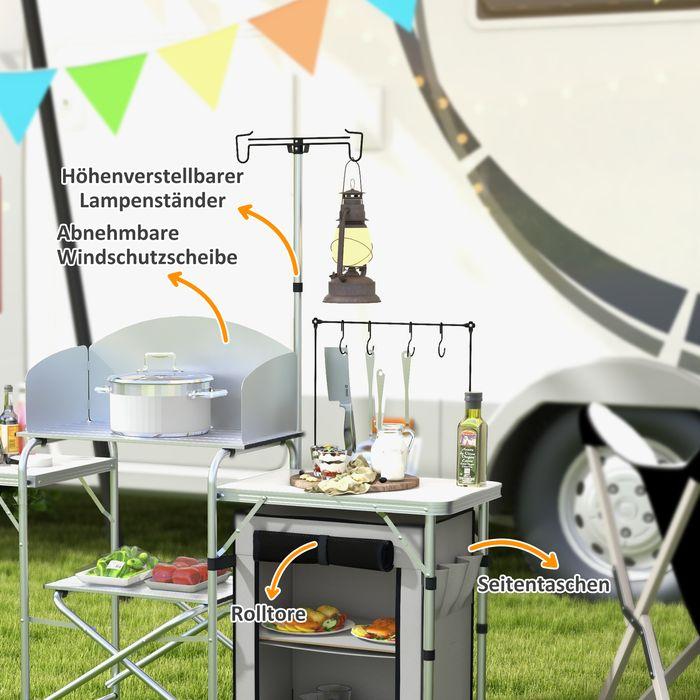 Immagine prodotto Swisshandel24 Cucina da campeggio, pieghevole, 3 piani di lavoro, frangivento, armadio in tessuto, 144x48x119cm