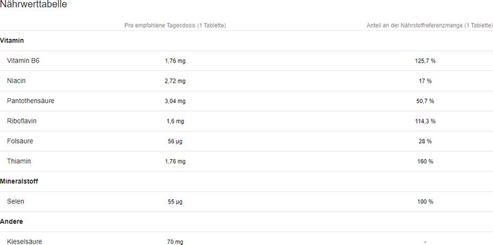 Nährwerte und Zutaten GSE Haut Haare Nägel Complex Bio Tabl (60 Stück, Tabletten, 123 g)