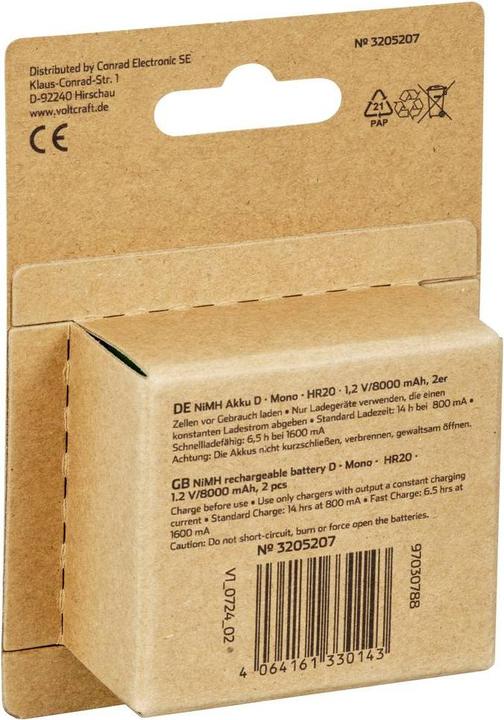 Image du produit Voltcraft VC-16026035 Mono (D)-Akku NiMH 8000 mAh 1.2 V 2 St. (2 pcs, 8000 mAh)