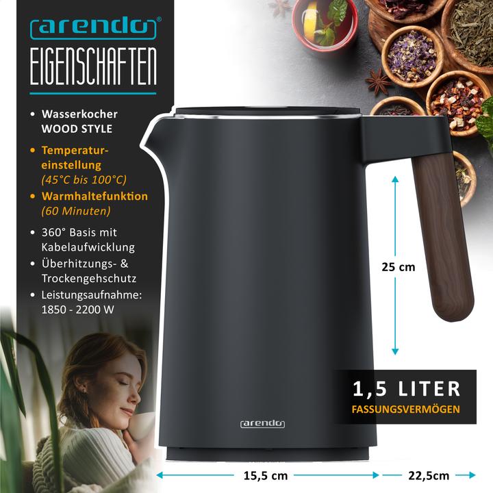 Produktbild Arendo Edelstahl Wasserkocher 1,5 L, 2200 W, Temperatureinstellung 45°C - 100°C, Warmhaltefunktion, Schwarz (1.50 l)