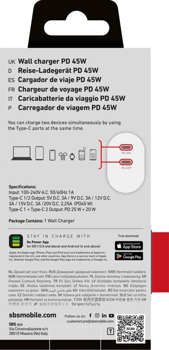 Produktbild SBS Ladegerät mit zwei USB-C-Anschlüssen, 45 Watt Power Delivery (45 W)