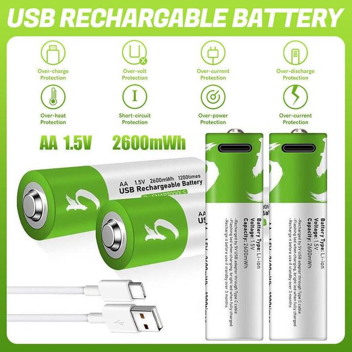 Actual product image PhoneLook Pack de 4 piles AA Lithium-Ion rechargeables en USB-C (câble inclus) (4 pcs., AA)