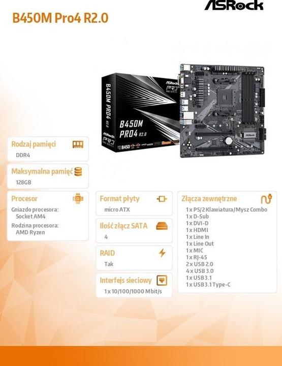Produktbild AsRock B450M Pro4 R2.0 (AM4, AMD B450, mATX)
