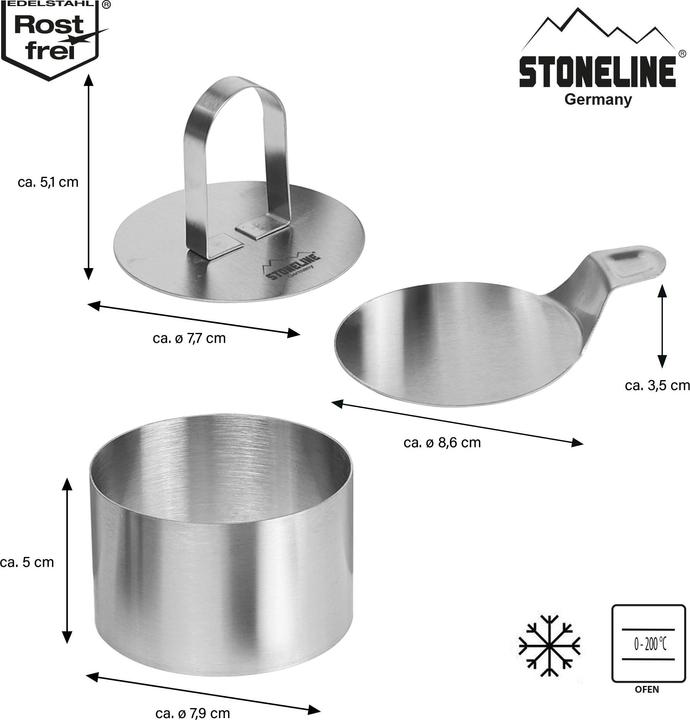 Produktbild Stoneline Dessertringe und Speiseringe Set, 8-teilig, Edelstahl, 6 Ringe, 1 Heber, 1 Stempel, rund
