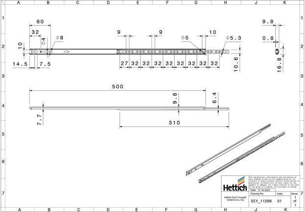 Image du produit Hettich Schubladenschiene Teilauszug 500 mm verzinkt 9136703 2 Stück