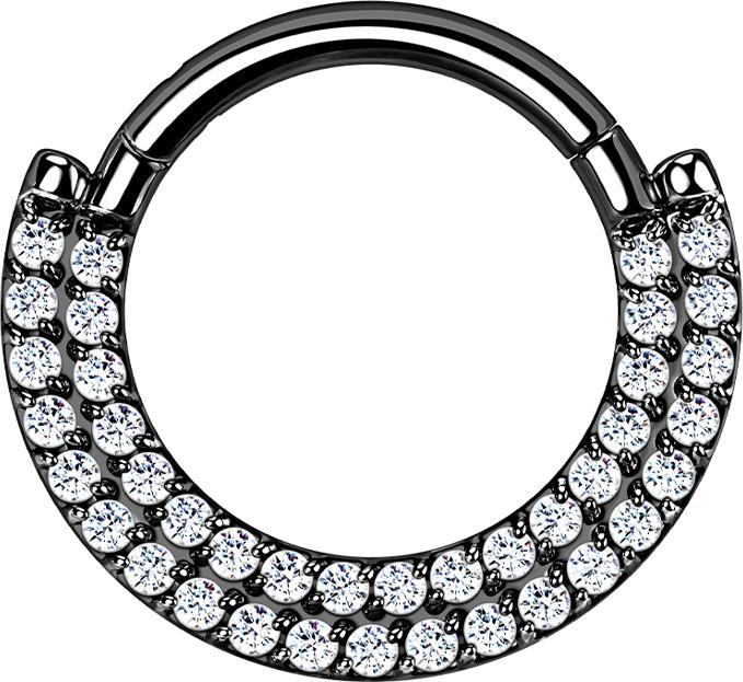 Star Piercing Micro Segmentring klappbar schwarz Schild doppel front Kristalle silber (Titan G23, ohne Messing)
