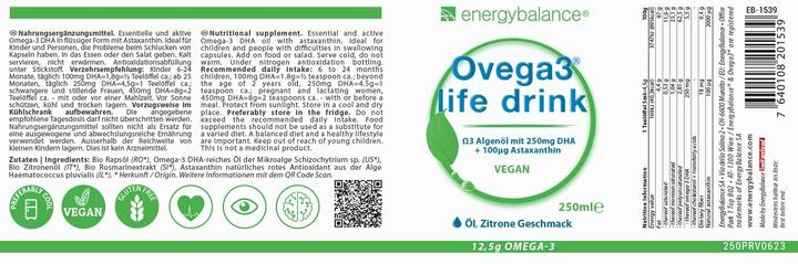 Nutritional values and ingredients Energybalance Ovega3 life drink (1 Piece, Droplet, 0.25 g)