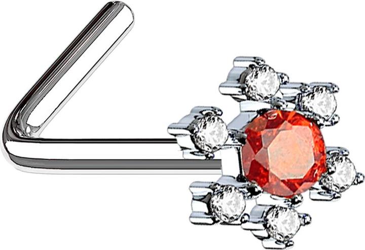 Produktbild Star Piercing Nasenstecker gewinkelt silber Blume mit grossem Kristall rot (Messing, Chirurgenstahl 316L)