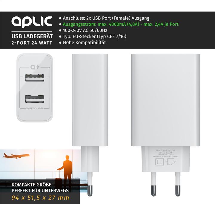Image du produit Aplic Chargeur USB 4800 mA, banque d'énergie à 2 ports avec Smart Charge + Solid Charge, puissant 24W (24 W)