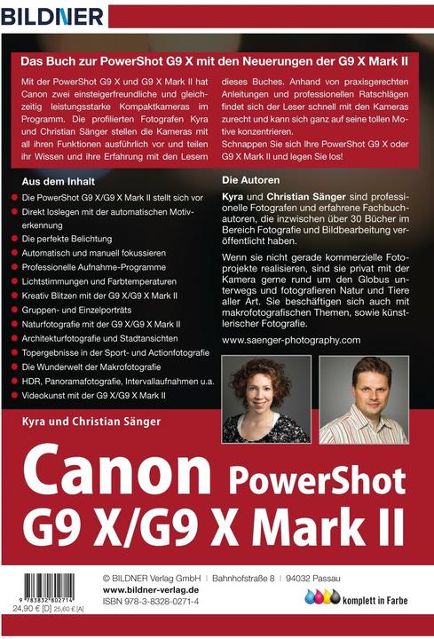 Nutritional values and ingredients Canon PowerShot G9X / G9 X Mark II - Für bessere Fotos von Anfang an! (German, Kyra Singer, Christian Singer, 2017)