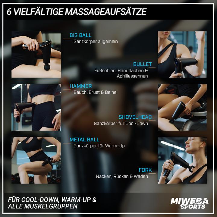 Actual product image Miweba Massage Gun MM100 SPORTS Fascia Muscle Massage Gun 6 Attachments Heads (Black/Gold)