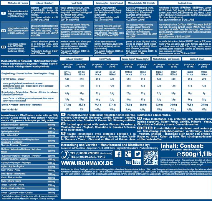 Nährwerte und Zutaten IronMaxx 100% Whey Protein (500g Beutel) (Strawberry, Weisse Schokolade, 1 Stk., 500 g)