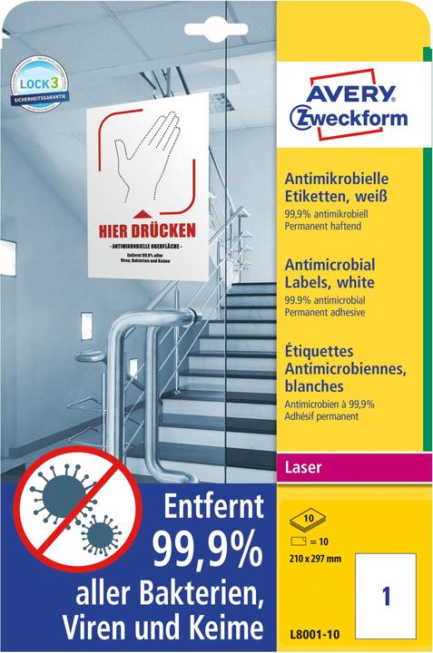 Produktbild Avery AVZ L8001-10 Antimikrobielle Etiketten 210x297mm weiss
