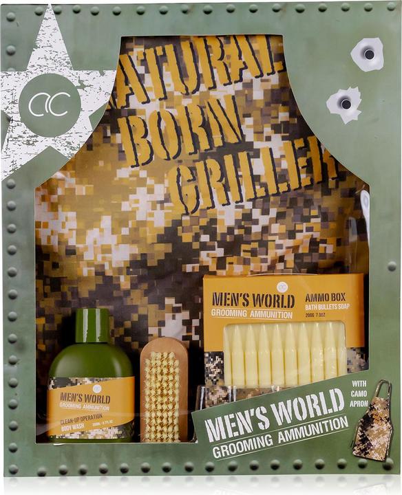 Accentra Badeset MEN'S WORLD in Geschenkbox, inkl. 200ml Body Wash, 200g Seife in Munitionform, Holz-Nagelbür (Körperpflegeset)