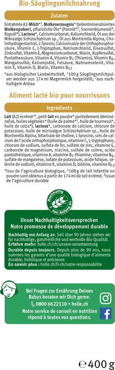 Valeurs nutritives et ingrédients Holle A2 Bio-Anfangsmilch 1 (neu) (400 g, jusqu'à 12 M.)